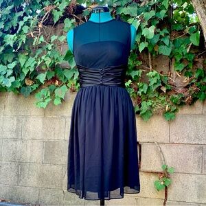 Maggy London Dress 2 Black Satin Illusion Cocktail LBD Midi Fit N Flare Retro